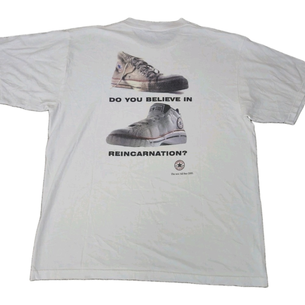 Rare Vintage Converse Do You Believe In Reincarnation T Shirt Size XL White